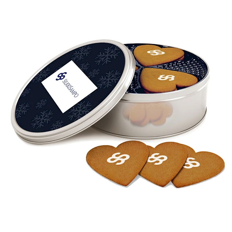 Piparkakut logolla brändätyssä peltipurkissa
