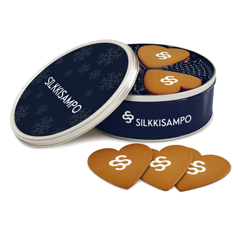 Piparkakut logolla brändätyssä peltipurkissa