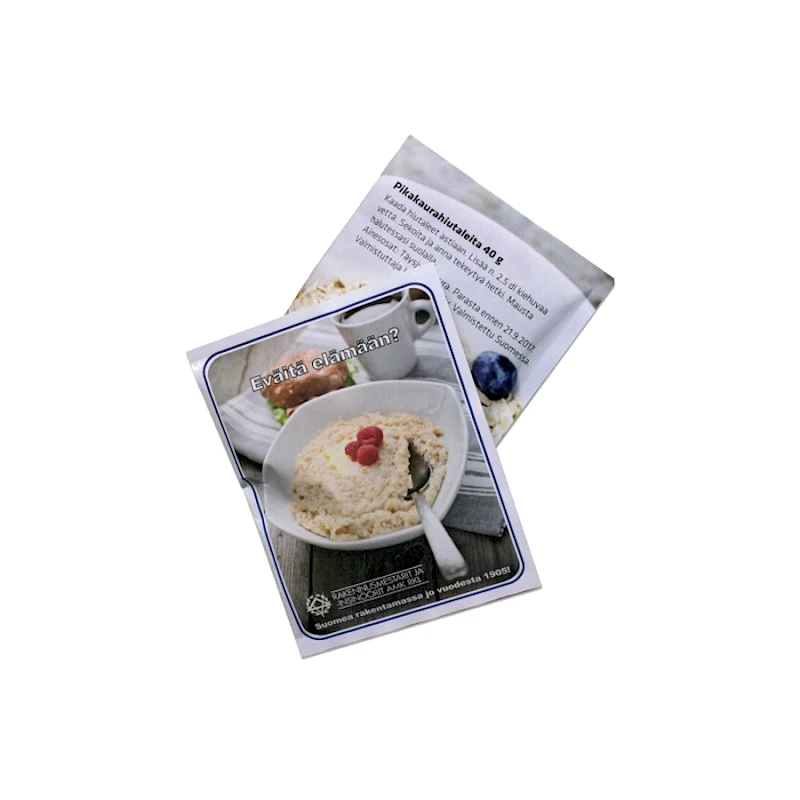 Kotimainen Puuropussi omalla logolla Kaurapuuropussi omalla designilla painatuksella