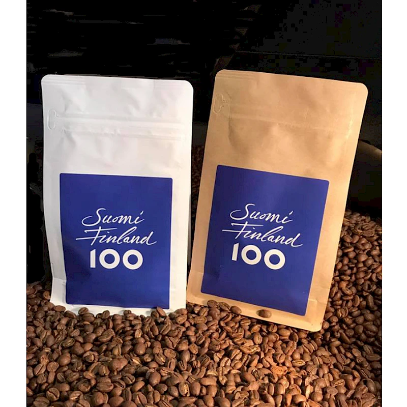 Suomi100 Juhlakahvi kahvipakkaus omalla mainospainatuksella