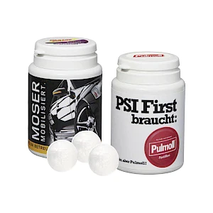 Karkkipurkki Pulmoll Pastilleja painatuksella