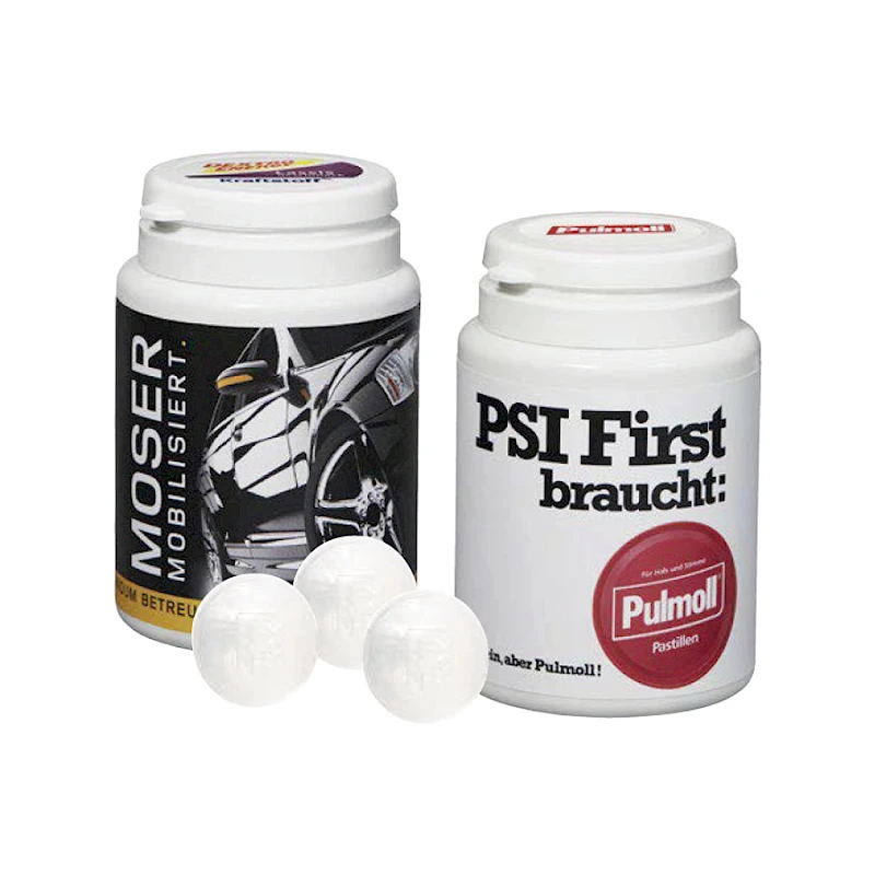 Karkkipurkki Pulmoll Pastilleja painatuksella